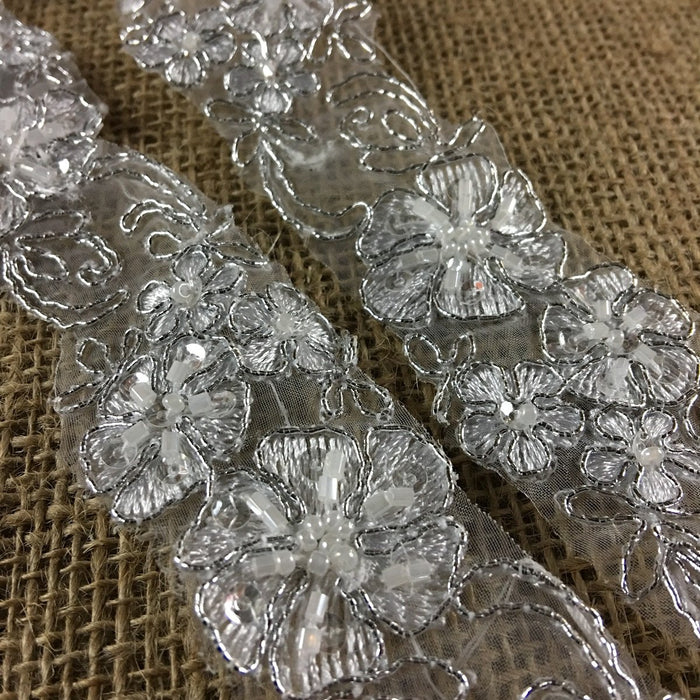 Bridal Lace Trim Alencon Embroidered Corded Sequined Organza Beautiful Floral, 1.5" Wide, White, Multi-Use Veils Wedding Costumes Craft