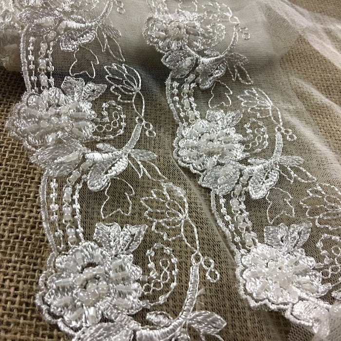 Bridal Lace Trim Alencon Embroidered Beaded Mesh Beautiful Floral, 3-6" Wide, White, Multi-Use Veil Wedding Costume Communion Christening Quinceanera
