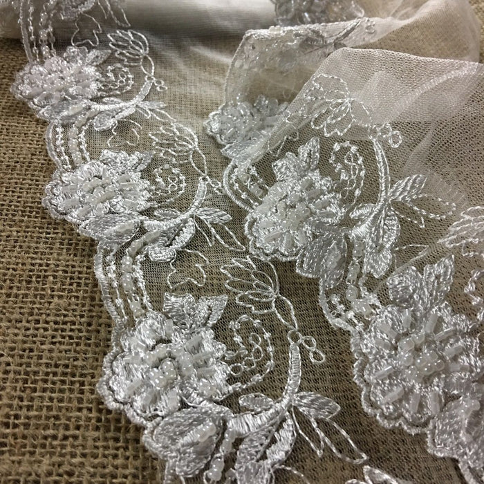 Bridal Lace Trim Alencon Embroidered Beaded Mesh Beautiful Floral, 3-6" Wide, White, Multi-Use Veil Wedding Costume Communion Christening Quinceanera