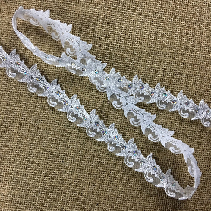 Trim Lace Embroidered & Silver Sequins Organza Ground, 1" Wide, White, Multi-use Bridal Veil Communion Christening Baptism Dress Cape