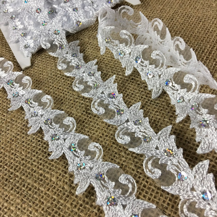 Trim Lace Embroidered & Silver Sequins Organza Ground, 1" Wide, White, Multi-use Bridal Veil Communion Christening Baptism Dress Cape