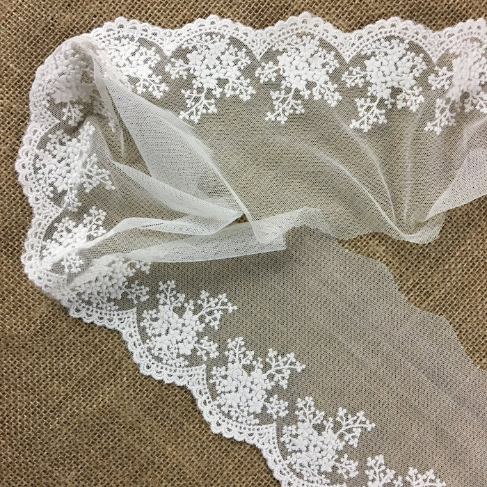 Trim Lace Embroidered Mesh Scalloped Border, 3-5" Wide, Off White, Multi-Use Garments Gowns Veils Costumes Slip Extender, DIY Sewing, Decoration