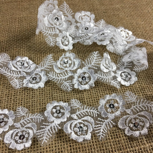 Floral Trim Lace Embroidered & Silver Sequins Double Border Organza Ground, 1.75" Wide, White, Multi-use Bridal Veil Communion Christening Baptism Dress Cape