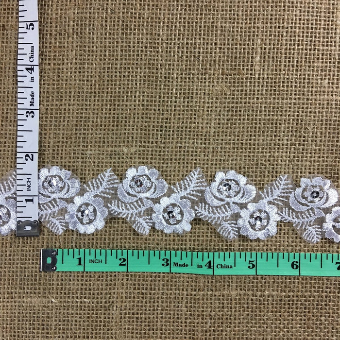 Floral Trim Lace Embroidered & Silver Sequins Double Border Organza Ground, 1.75" Wide, White, Multi-use Bridal Veil Communion Christening Baptism Dress Cape