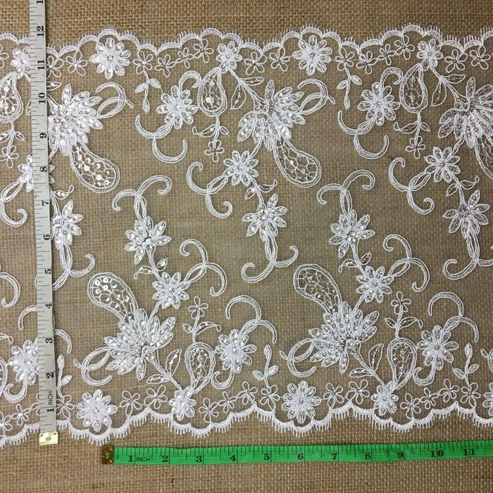 Bridal Lace Trim Gorgeous Elegant Alencon Embroidered Corded Sequined Mesh, 12" Wide, White, Weddings Decoration Table Runner Dresses ⭐