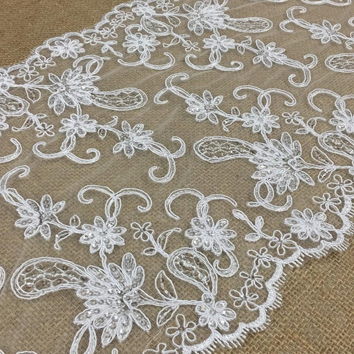 Bridal Lace Trim Gorgeous Elegant Alencon Embroidered Corded Sequined Mesh, 12" Wide, White, Multi-Use Weddings Decoration Table Runner Dresses