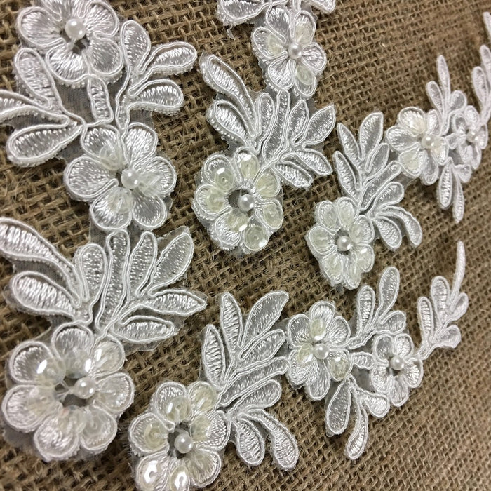 Bridal Applique Pair Lace Hand Beaded Corded Sequined Embroidered Sheer Organza, 5" Long, Choose Color, Multi-Use Garments Communion Christening Crafts