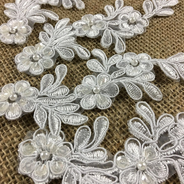 Bridal Applique Pair Lace Hand Beaded Corded Sequined Embroidered Sheer Organza, 5" Long, Choose Color, Multi-Use Garments Communion Christening Crafts