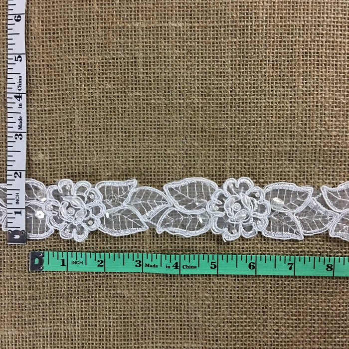 Bridal Lace Trim Alencon Embroidered Corded Beaded Sequined Organza, 1.75" Wide, Soft White, Multi-Use Veils Wedding Costumes Craft