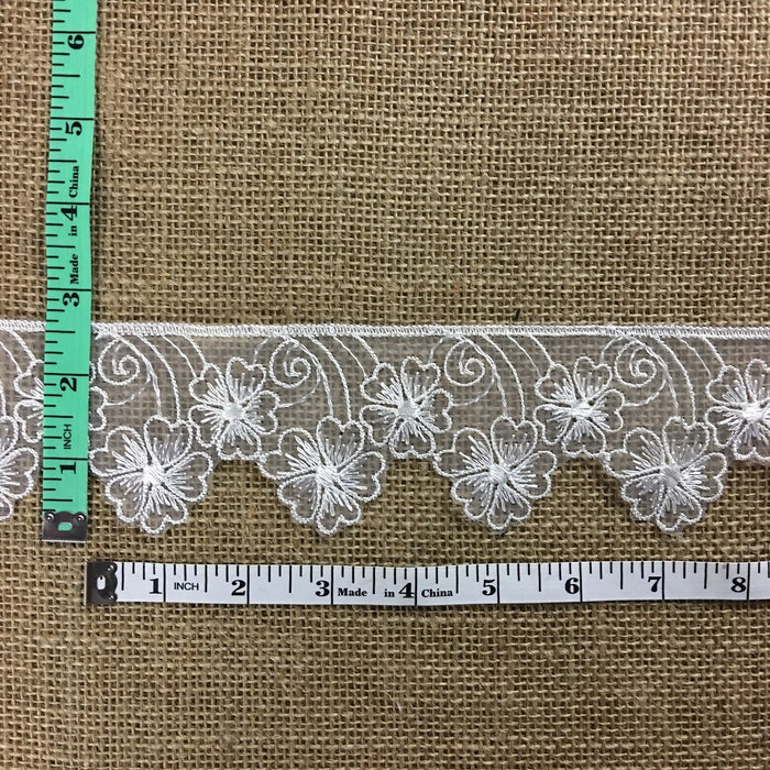Lace Trim Floral Embroidered Sheer Organza, 2.5"" Wide, Off White, Multi-Use Garments Gowns Veils Bridal Communion Christening Costumes Curtains