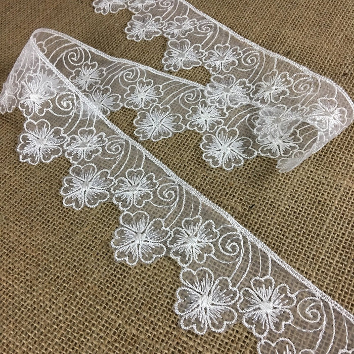 Lace Trim Floral Embroidered Sheer Organza, 2.5"" Wide, Off White, Garments Gowns Veils Bridal Communion Christening Costumes Curtains ⭐