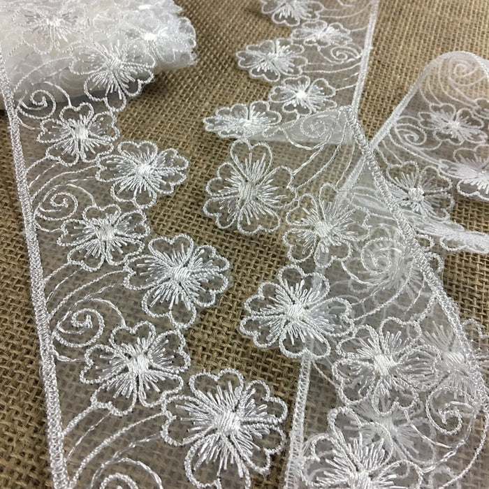 Lace Trim Floral Embroidered Sheer Organza, 2.5"" Wide, Off White, Garments Gowns Veils Bridal Communion Christening Costumes Curtains ⭐