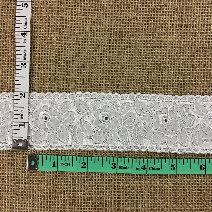 Eyelet Trim Lace Embroidered Beautiful Detailed Floral Design, 2" Wide, White, Multi-use Garment Bridal Communion Christening Costume Decoration