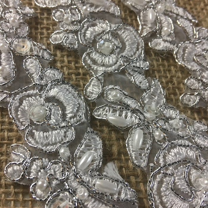 Bridal Lace Trim Embroidered Hand Beaded Corded Sequined Organza Beautiful Rose Floral, 1.25" Wide, White, for Garment Children Bridal Veil Costume