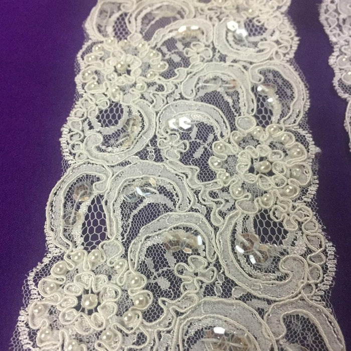 Chantilly Lace Trim Alencon Corded Hand Beaded Sequined French Couture Gorgeous Elegant, 3" Wide, Choose Color, For Bridal Costumes Crafts Decoration