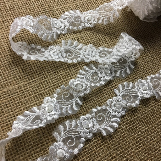 Bridal Lace Trim Embroidered Hand Beaded Organza Floral Design, 1.5" Wide, White. For Garments Children Communion Christening Baptism Cape Quinceanera