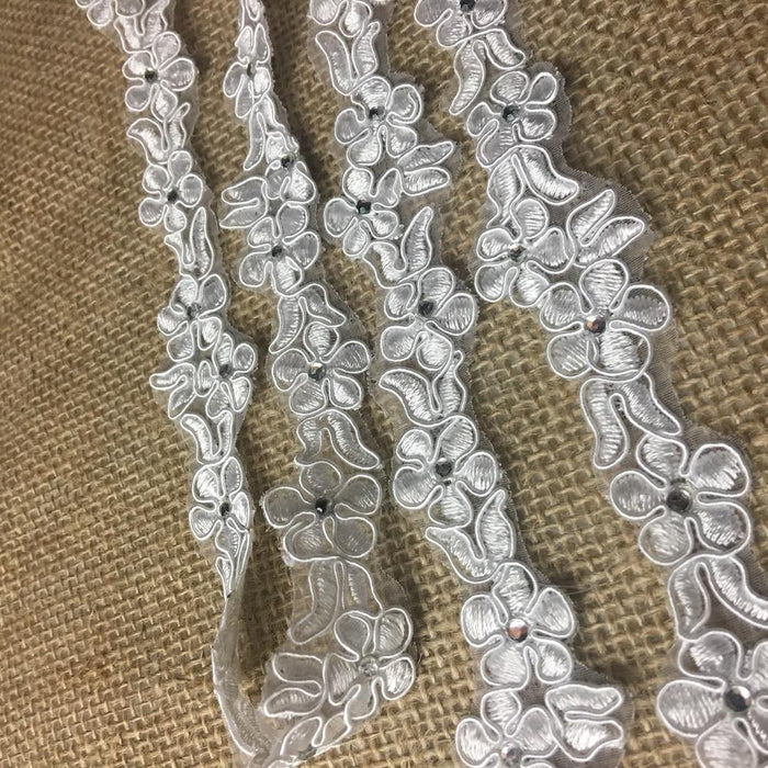 Bridal Lace Trim Embroidered Corded & Rhinestone, 1.25" Wide, White, for Garment Bridal Veil Costume Communion Christening Baptism Cape Quinceanera