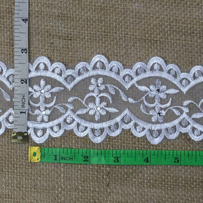 Bridal Trim Lace Corded Rhinestoned Embroidered Organza Rhinestone Double Border, 1.25" Wide, White, Multi-Use Garments Communion Christening Sash Belt Veils Wedding