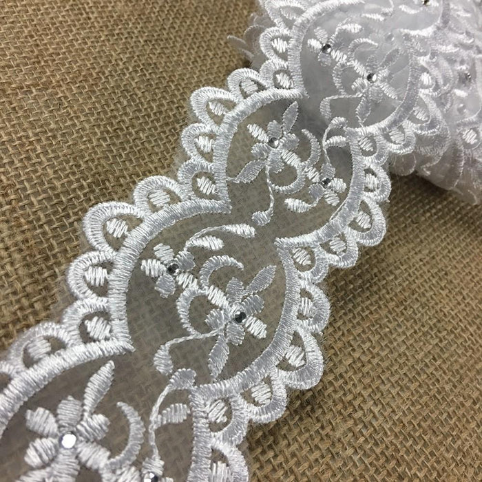 Bridal Trim Lace Corded Rhinestoned Embroidered Organza Rhinestone Double Border, 1.25" Wide, White, Multi-Use Garments Communion Christening Sash Belt Veils Wedding