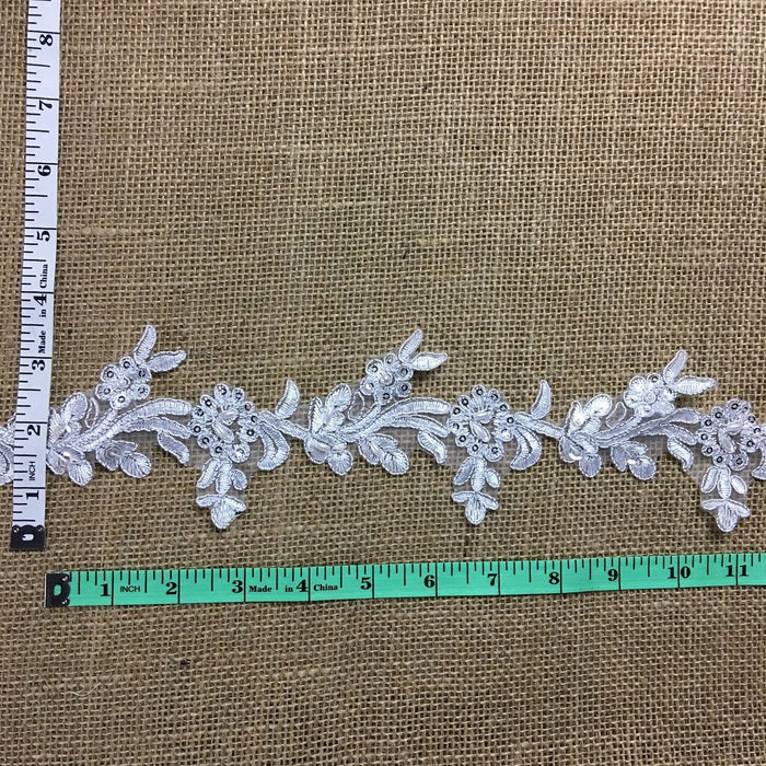 Bridal Lace Trim Embroidered Hand Beaded Corded Mini Silver Sequins Floral, 3.25" Wide, White, for Communion Christening Baptism Cape Quinceanera