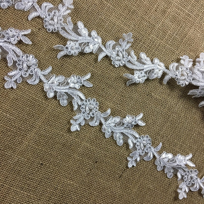 Bridal Lace Trim Embroidered Hand Beaded Corded Mini Silver Sequins Floral, 3.25" Wide, White, for Communion Christening Baptism Cape Quinceanera