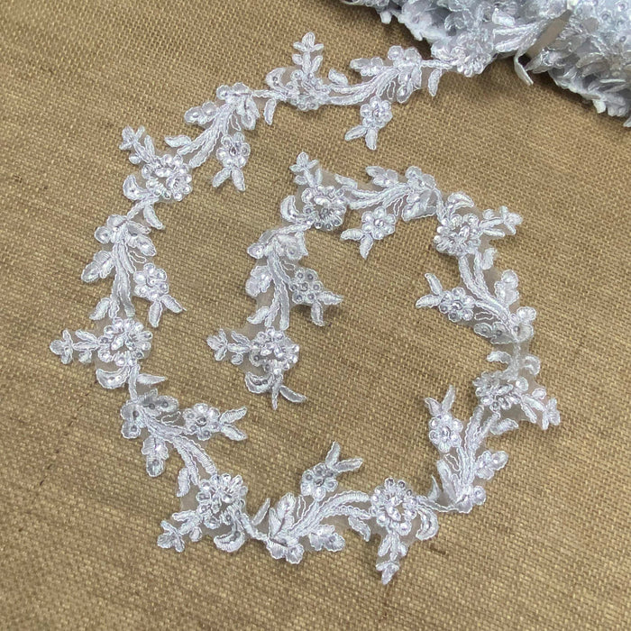 Bridal Lace Trim Embroidered Corded Mini Sequins (no beads) Floral, 3.25" Wide, White, Communion Christening Baptism Cape Quinceanera