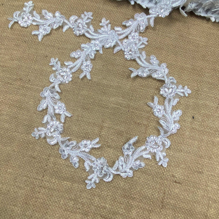 Bridal Lace Trim Embroidered Corded Mini Sequins (no beads) Floral, 3.25" Wide, White, Communion Christening Baptism Cape Quinceanera