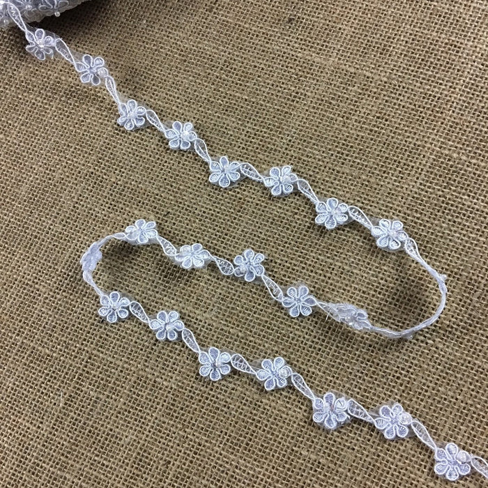 Bridal Lace Trim Embroidered Hand Beaded Corded Sequined Organza,1" Wide, White, for Garment Children Veil Costume Communion Christening Baptism Cape
