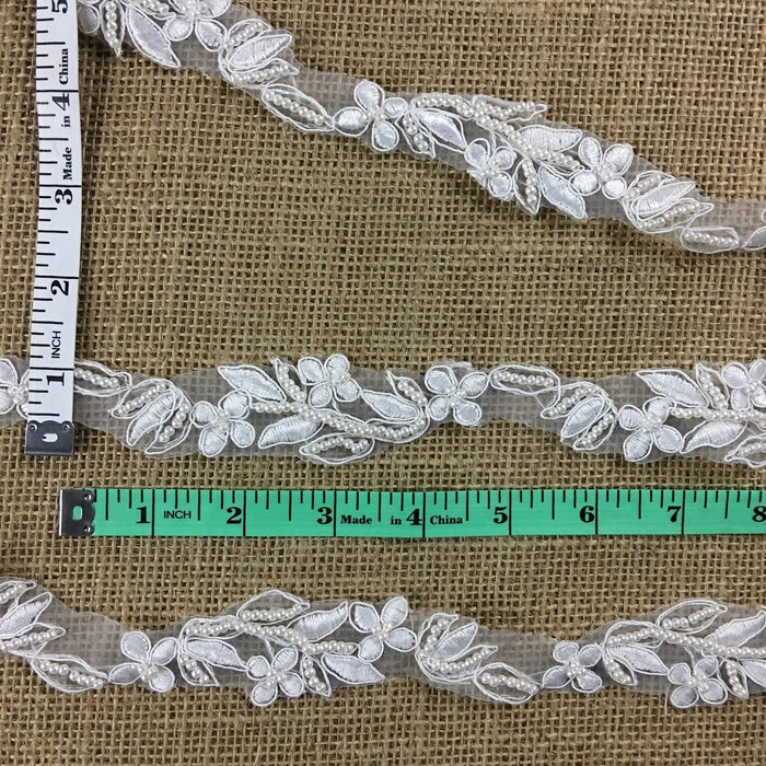 Bridal Lace Trim Embroidered Hand Beaded Corded Sequined Organza,1.25" Wide, White, for Garment Children Veil Costume Communion Christening Baptism Cape ⭐