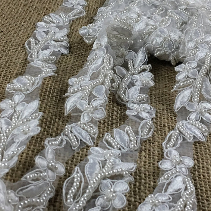 Bridal Lace Trim Embroidered Hand Beaded Corded Sequined Organza,1.25" Wide, White, for Garment Children Veil Costume Communion Christening Baptism Cape ⭐