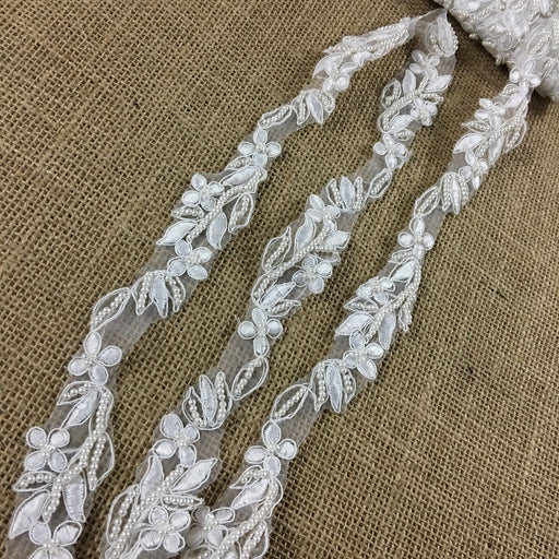 Bridal Lace Trim Embroidered Hand Beaded Corded Sequined Organza,1.25" Wide, White, for Garment Children Veil Costume Communion Christening Baptism Cape