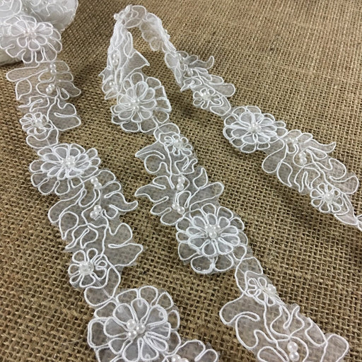 Bridal Trim Lace Embroidered Hand Beaded Corded Sequined Organza,1.75" Wide, White, for Garment Children Veil Costume Communion Christening Baptism Cape