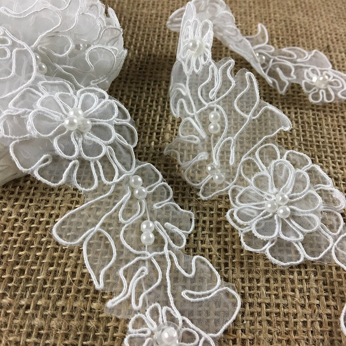 Bridal Trim Lace Embroidered Hand Beaded Corded Sequined Organza,1.75" Wide, White, for Garment Children Veil Costume Communion Christening Baptism Cape ⭐