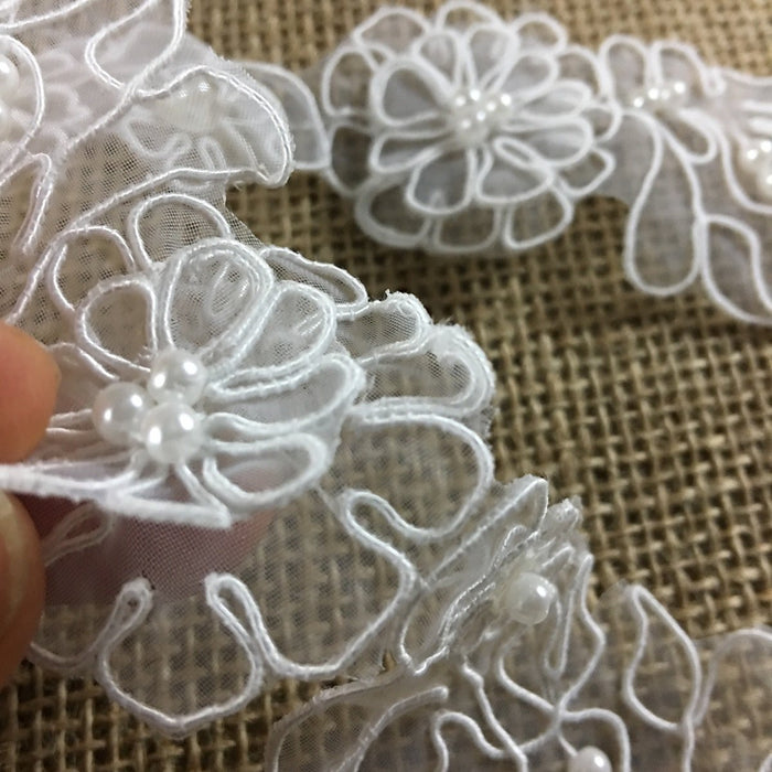 Bridal Trim Lace Embroidered Hand Beaded Corded Sequined Organza,1.75" Wide, White, for Garment Children Veil Costume Communion Christening Baptism Cape ⭐