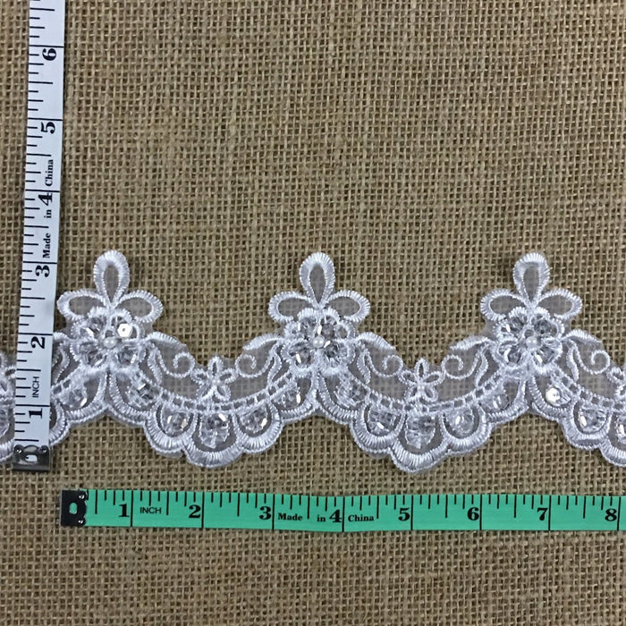 Scalloped Bridal Trim Lace Embroidered Hand Beaded Sequined Organza, 3" Wide, White, for Garment Children Veil Costume Communion Christening Baptism Cape