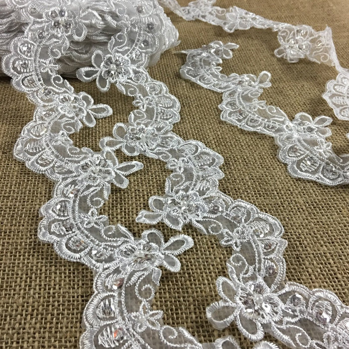 Scalloped Bridal Trim Lace Embroidered Hand Beaded Sequined Organza, 3" Wide, White, for Garment Children Veil Costume Communion Christening Baptism Cape
