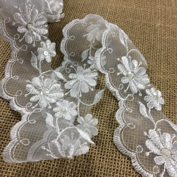 Scalloped Bridal Trim Lace Double Border Embroidered Beaded Sequined Organza, 2.5" Wide, White, for Garment Veil Costume Communion Christening Baptism ⭐