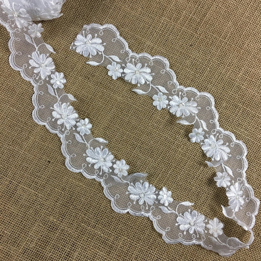Scalloped Bridal Trim Lace Double Border Embroidered Beaded Sequined Organza, 2.5" Wide, White, for Garment Veil Costume Communion Christening Baptism
