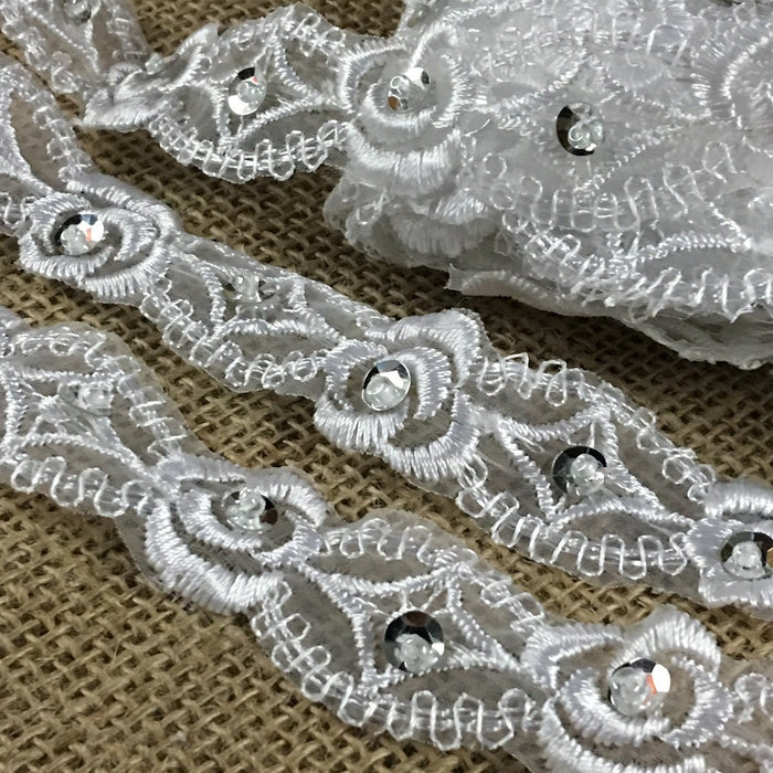 Scalloped Bridal Trim Lace Double Border Embroidered Beaded silver Sequined Organza, 1" Wide, White, for Garment Veil Costume Communion Christening Baptism