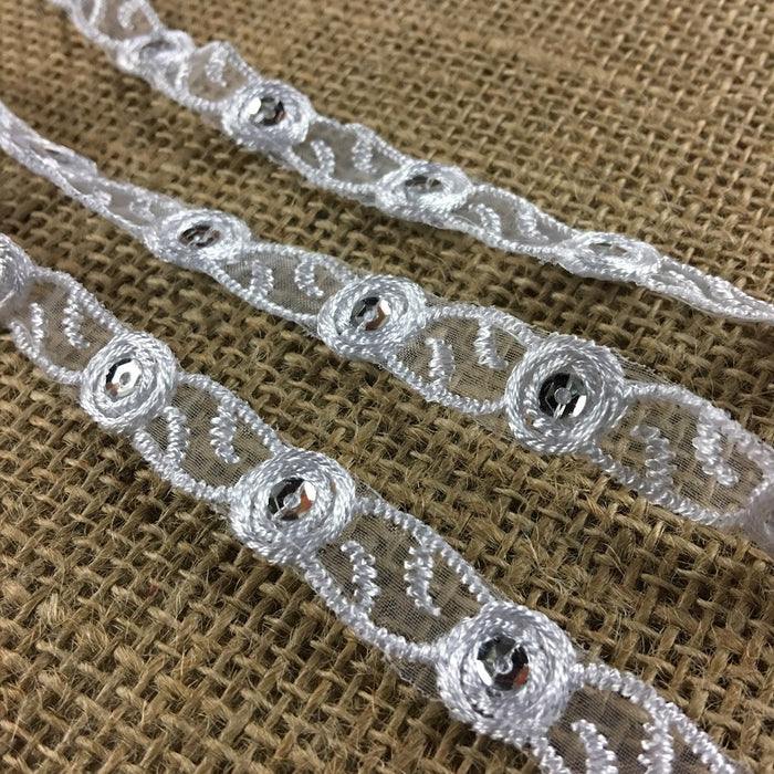 Bridal Trim Lace Double Border Embroidered & Silver Sequins on Organza, 1/2" Wide, White, for Garment Veil Costume Communion Christening Baptism ⭐