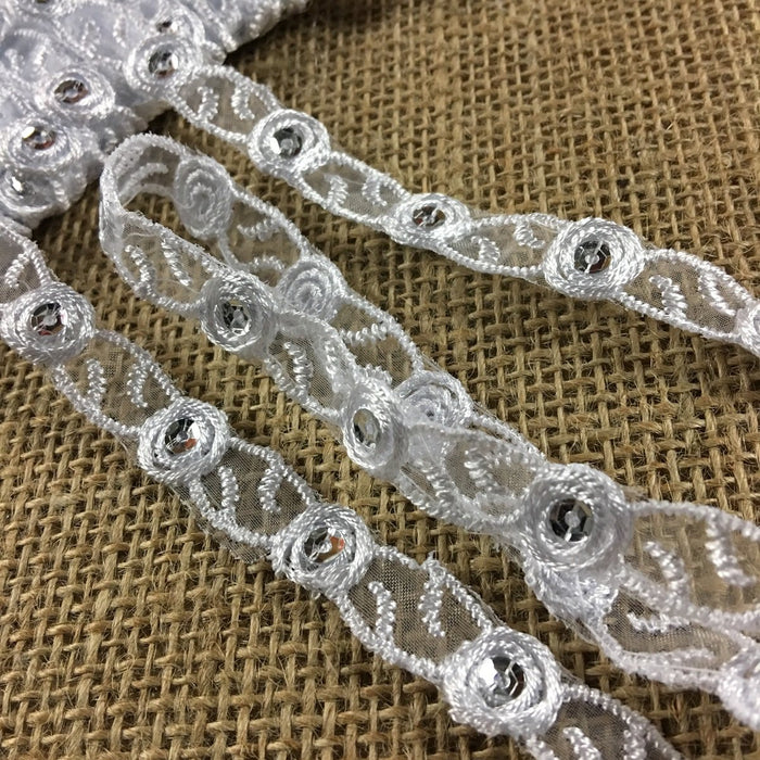 Bridal Trim Lace Double Border Embroidered & Silver Sequins on Organza, 1/2" Wide, White, for Garment Veil Costume Communion Christening Baptism