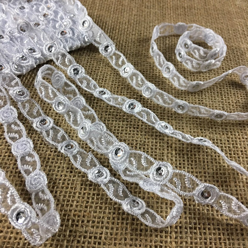 Bridal Trim Lace Double Border Embroidered & Silver Sequins on Organza, 1/2" Wide, White, for Garment Veil Costume Communion Christening Baptism