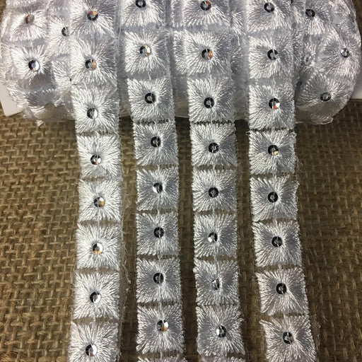 Lace Trim Embroidered Square Pillow Simple Geometric Design Silver Sequins, 1/2" Wide, White. Multi-Use Garments Communion Christening Sash Belt Veils