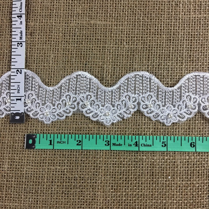 Floral Wave Bridal Trim Lace Embroidered Beaded Sequined Organza, 2" Wide, White, for Garment Veil Costume Communion Christening Baptism ⭐