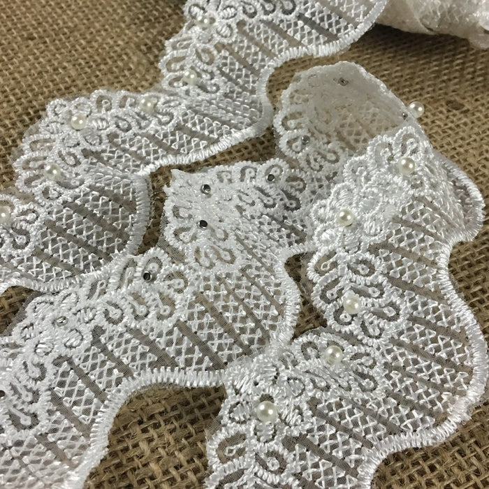 Floral Wave Bridal Trim Lace Embroidered Beaded Sequined Organza, 2" Wide, White, for Garment Veil Costume Communion Christening Baptism ⭐