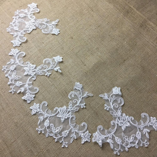 Bridal Applique Pair Hand Beaded Corded Sequined Embroidered Sheer Organza Collar Lace, 8" Tall, White, Multi-Use Communion Christening Garments Sash Belt Veils Wedding