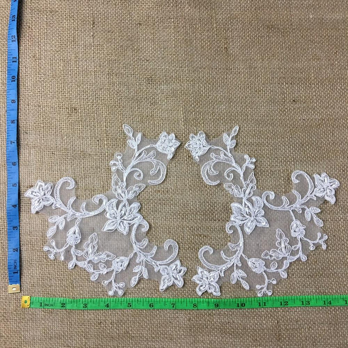 Bridal Applique Pair Hand Beaded Corded Sequined Embroidered Sheer Organza Collar Lace, 8" Tall, White, Multi-Use Communion Christening Garments Sash Belt Veils Wedding