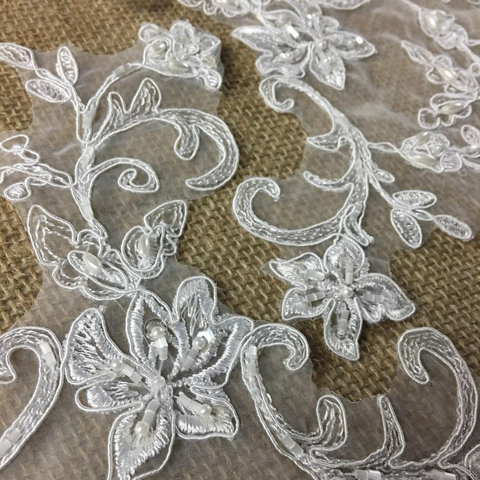 Bridal Applique Pair Hand Beaded Corded Sequined Embroidered Sheer Organza Collar Lace, 8" Tall, White, Communion Christening Garments Sash Belt Veils Wedding ⭐