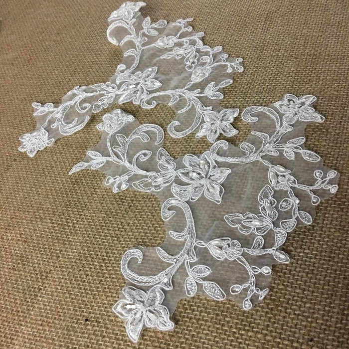 Bridal Applique Pair Hand Beaded Corded Sequined Embroidered Sheer Organza Collar Lace, 8" Tall, White, Communion Christening Garments Sash Belt Veils Wedding ⭐
