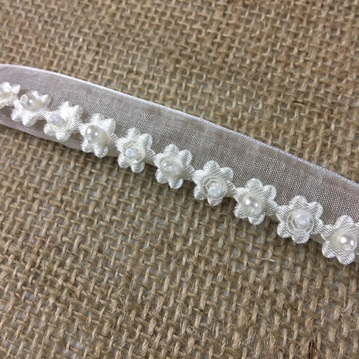Trim Lace Beaded Center 1/2" Wide Punched Daisies on 1" Wide Organza Ribbon, Ivory, Garments Communion Christening Sash Belt Veils Garments Crafts ⭐